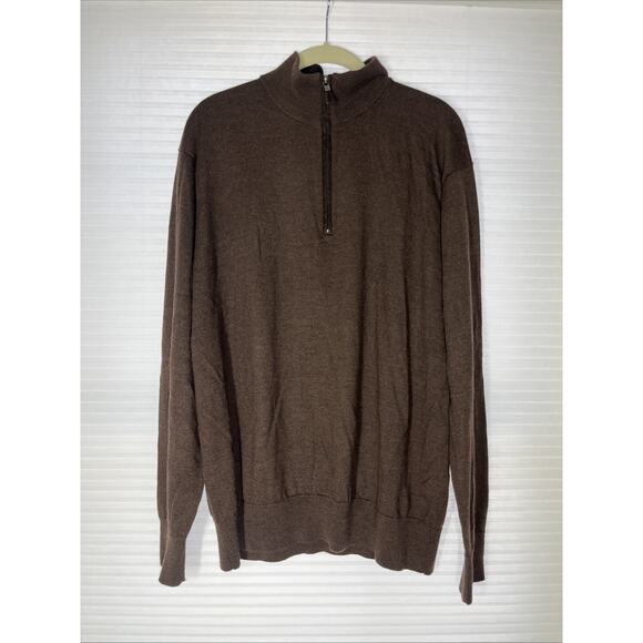 Orvis Sweater Mens Large Brown Merino Wool Knit 1/4 Zip Mock Neck Pullover - Picture 1 of 9